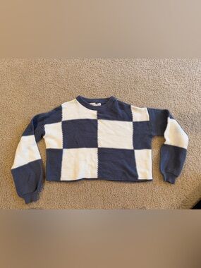Checkerboard crop Knit Sweater - Navy & White